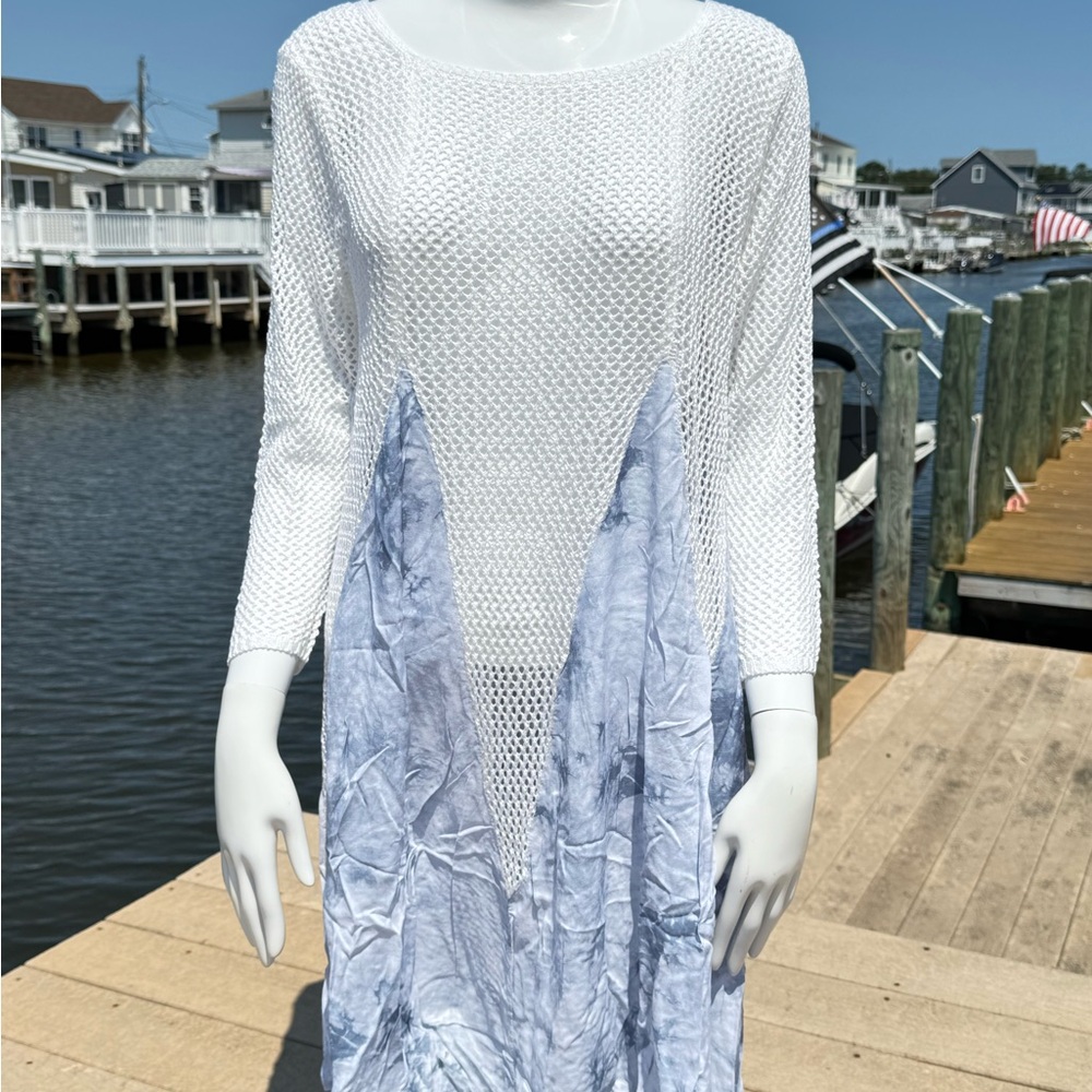 Entro White and Light Blue Mesh Swim Cover-Up